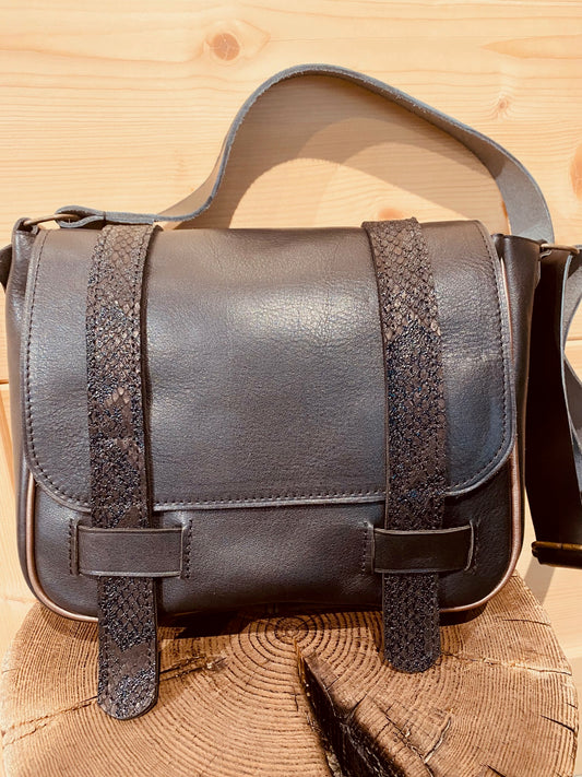 Sac Ophélie cuir python brillant et vieux rose